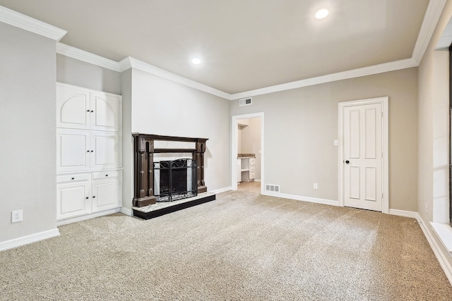 unfurnished living room with light colored carpet and ornamental molding