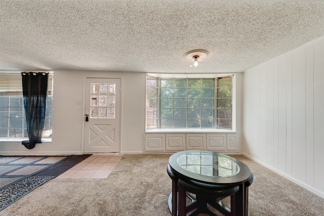 entrance foyer with a textured ceiling and carpet flooring