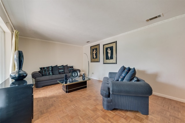 living room with ornamental molding and parquet floors