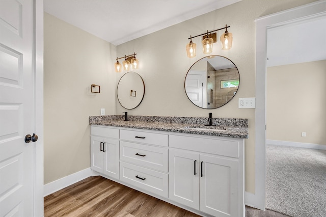 bathroom with vanity and wood-type flooring