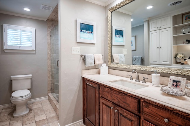 bathroom featuring toilet, a shower with door, ornamental molding, and vanity