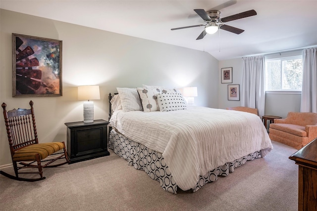 bedroom featuring ceiling fan, carpet floors, and lofted ceiling