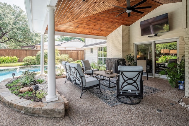 view of patio featuring ceiling fan, a grill, and a fenced in pool