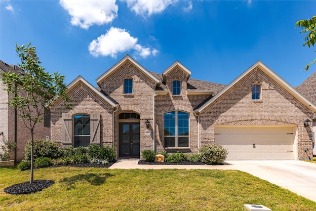 view of front of home featuring a front yard and a garage