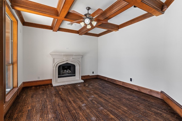 unfurnished living room with baseboards, coffered ceiling, beamed ceiling, wood finished floors, and a high end fireplace