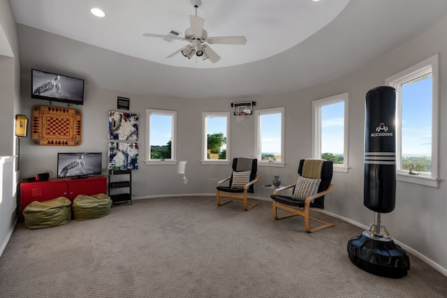 living area featuring carpet and ceiling fan