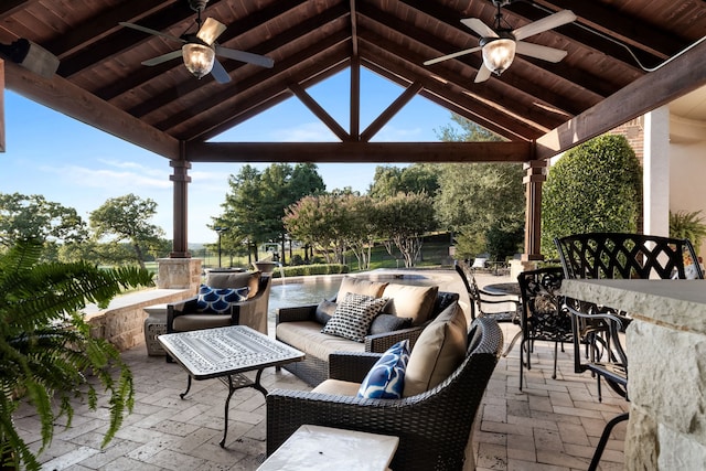 view of patio featuring ceiling fan, outdoor lounge area, and a gazebo