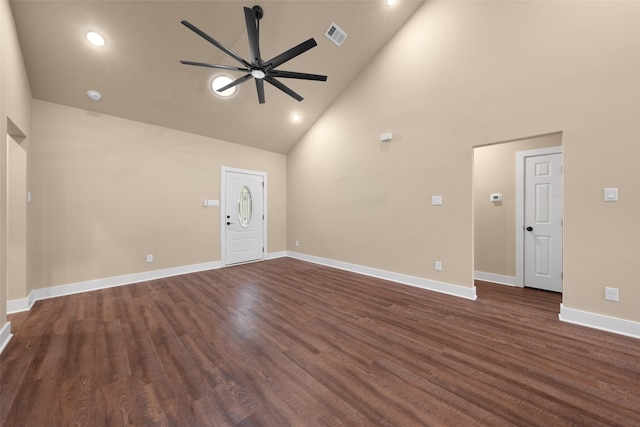 unfurnished room with dark hardwood / wood-style flooring, high vaulted ceiling, and ceiling fan