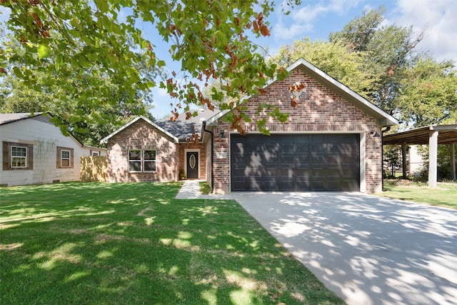 view of front of property featuring a garage and a front lawn