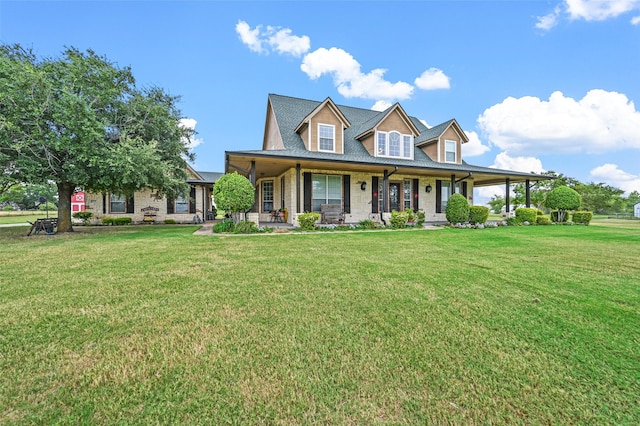 view of front of property with covered porch and a front yard