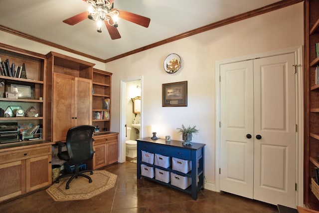 tiled office space with ceiling fan and ornamental molding