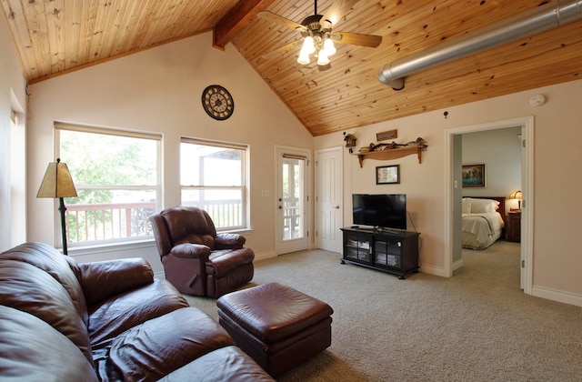 carpeted living room featuring beamed ceiling, ceiling fan, wood ceiling, and high vaulted ceiling