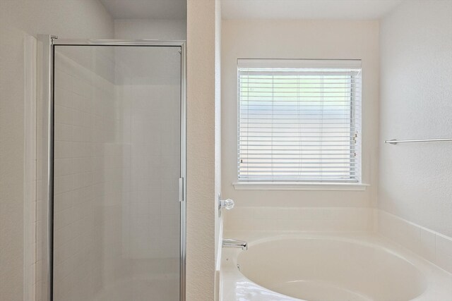 bathroom with a wealth of natural light and shower with separate bathtub