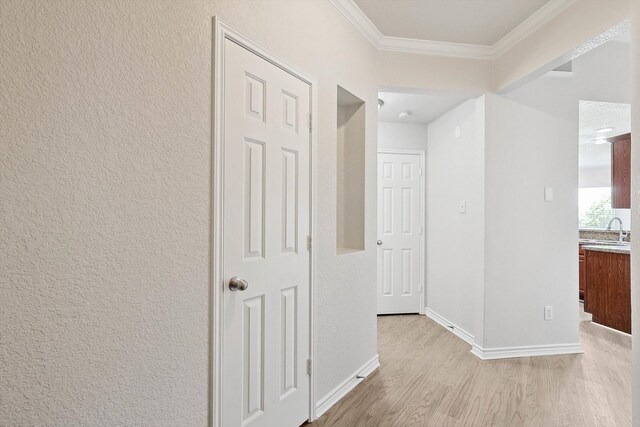 hall with light hardwood / wood-style flooring, ornamental molding, and sink