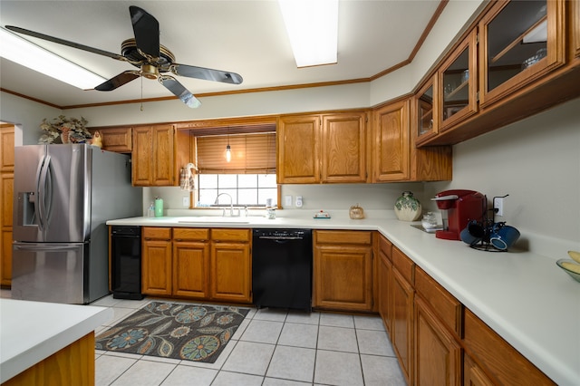 kitchen featuring stainless steel fridge, ceiling fan, crown molding, sink, and black dishwasher