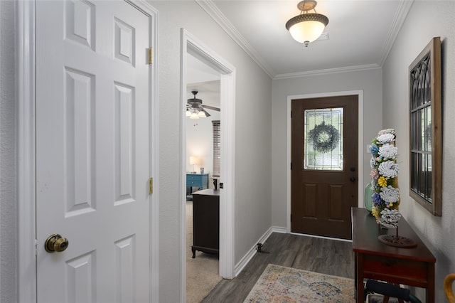 entryway featuring dark hardwood / wood-style floors, ceiling fan, and crown molding