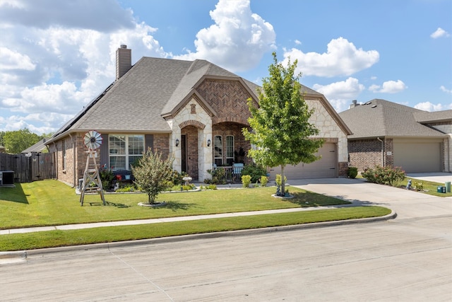 french country style house with a garage, central AC unit, and a front lawn