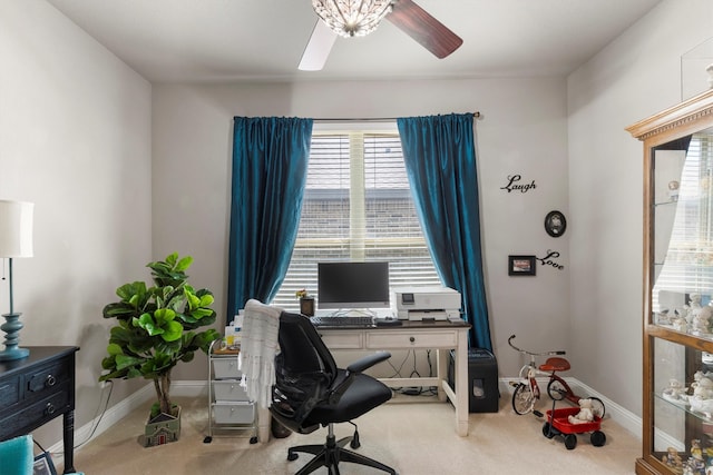 office area with carpet flooring and ceiling fan