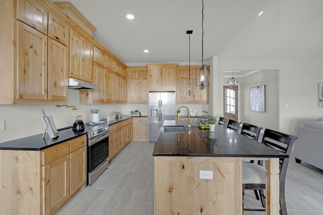 kitchen with under cabinet range hood, appliances with stainless steel finishes, and light brown cabinetry