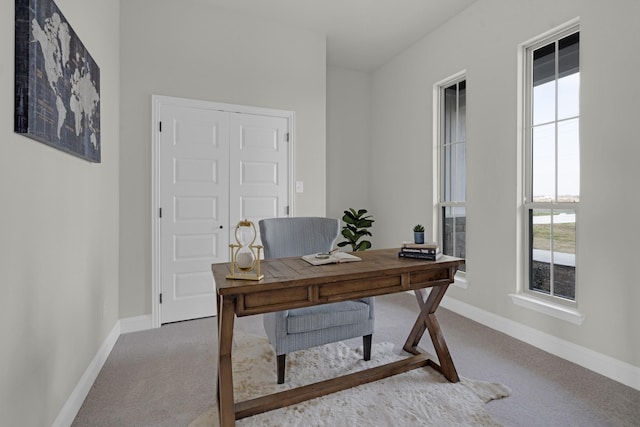 office space featuring carpet floors and baseboards