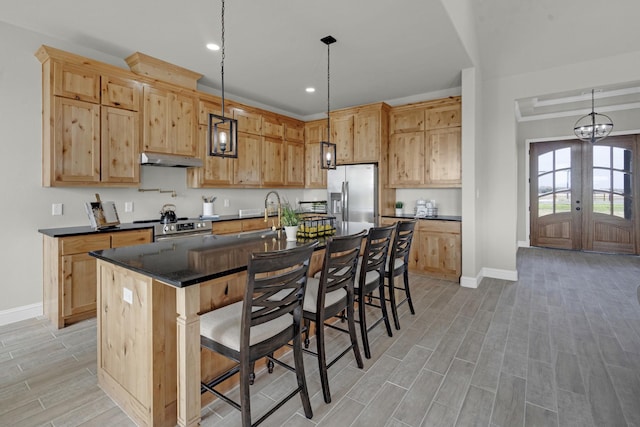 kitchen with wood finish floors, french doors, stainless steel appliances, dark countertops, and under cabinet range hood