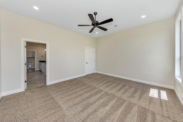 3043 Sunrise Trl, Weatherford, TX 76088 - unfurnished bedroom featuring a ceiling fan, visible vents, baseboards, recessed lighting, and carpet flooring