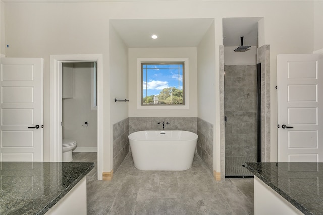 full bathroom featuring vanity, toilet, and shower with separate bathtub