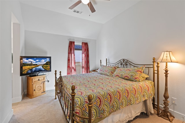 carpeted bedroom with visible vents, ceiling fan, baseboards, and lofted ceiling