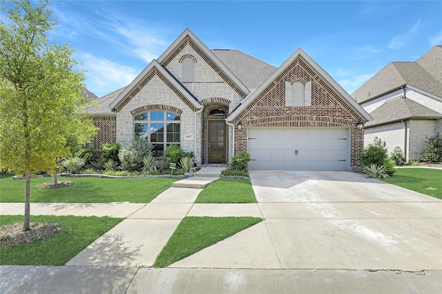 french country home with a front yard, driveway, an attached garage, a shingled roof, and brick siding