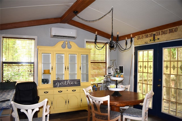 dining area featuring an inviting chandelier, vaulted ceiling with beams, a wealth of natural light, and a wall mounted air conditioner