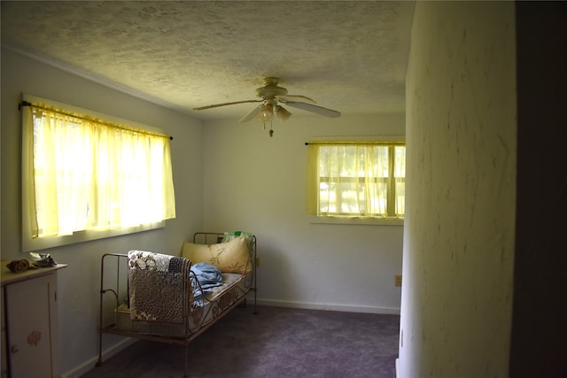 unfurnished room with ceiling fan, carpet floors, and a textured ceiling