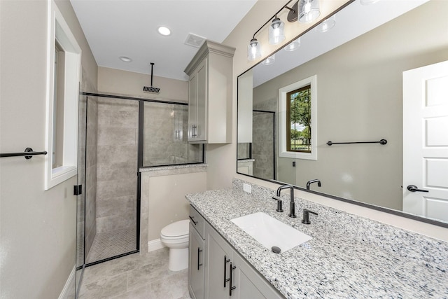 3037 Sunrise Trl, Weatherford, TX 76088 - bathroom with tile patterned flooring, visible vents, toilet, a stall shower, and vanity