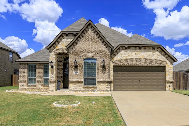 french provincial home with a front lawn and a garage