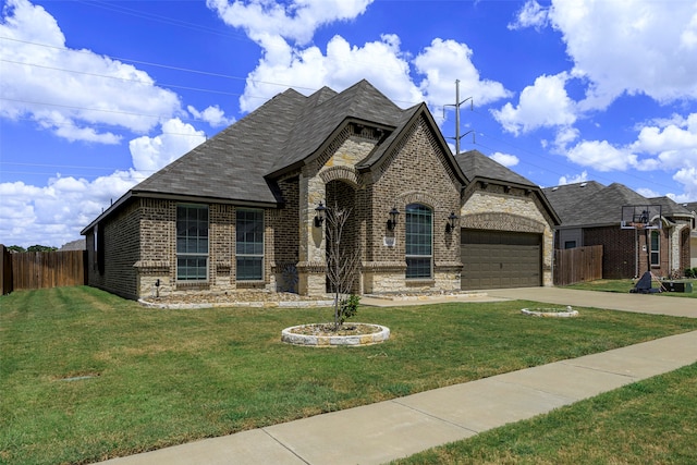 french country inspired facade with a garage and a front lawn