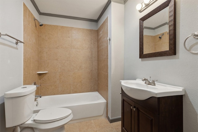 full bathroom with tile patterned flooring, toilet, vanity, ornamental molding, and tub / shower combination