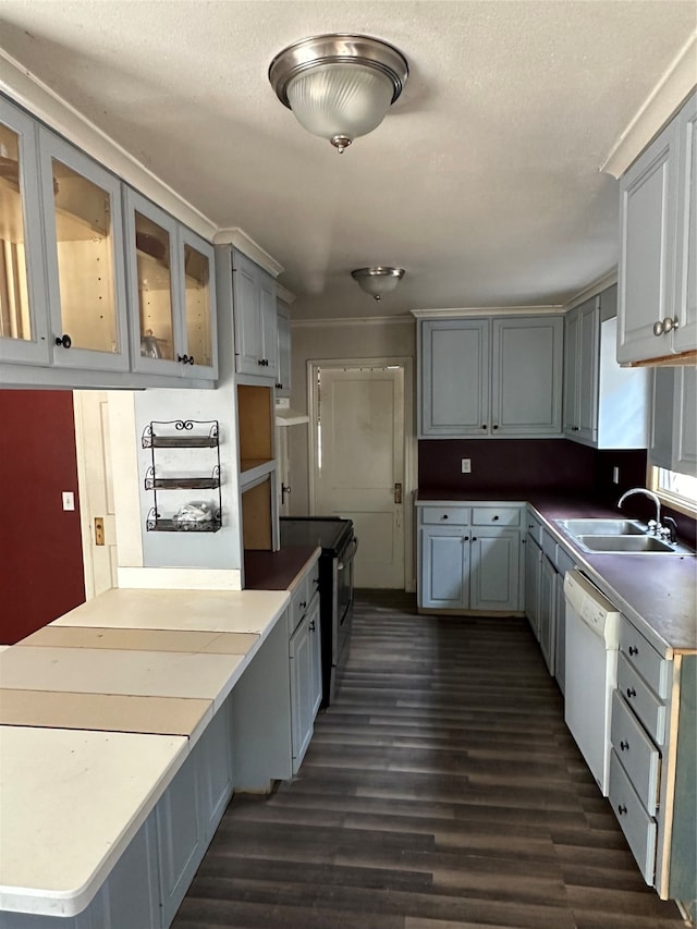 kitchen with gray cabinets, sink, white dishwasher, electric range, and dark wood-type flooring