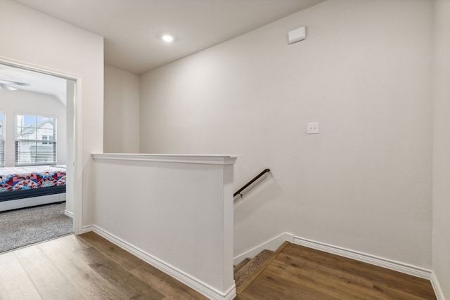 staircase with hardwood / wood-style floors