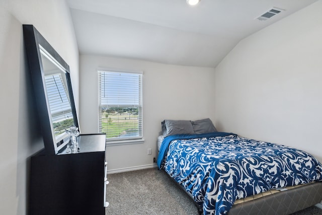 bedroom featuring lofted ceiling and carpet floors