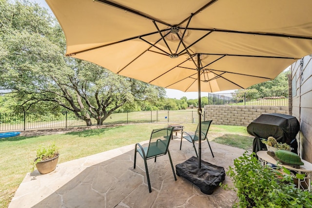 view of patio featuring a fenced backyard and a grill