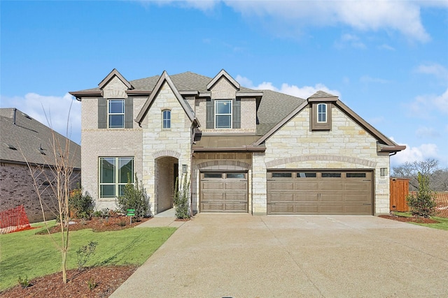 view of front of property with a garage and a front lawn