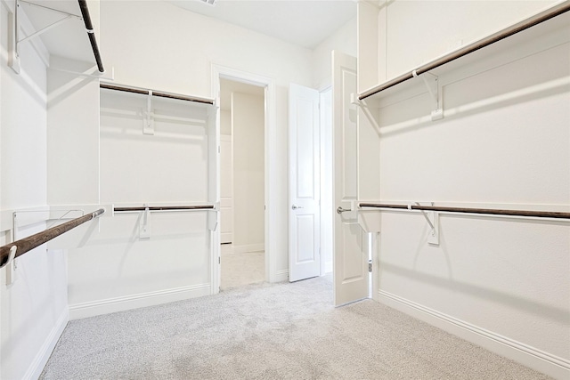 spacious closet featuring light colored carpet