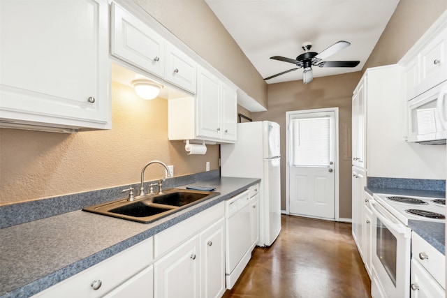 kitchen with white appliances, ceiling fan, white cabinetry, and sink