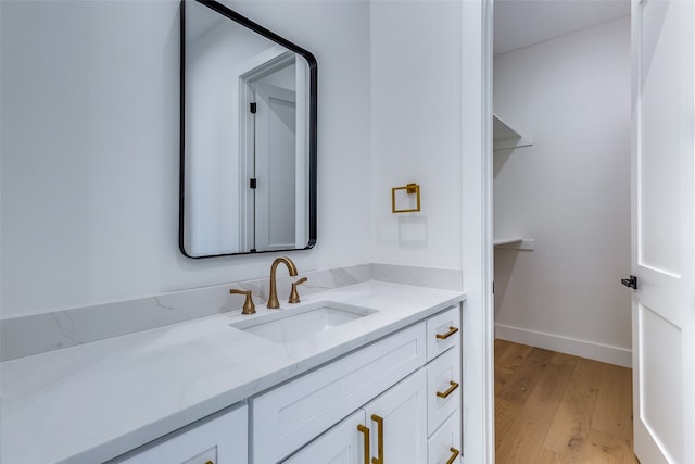 bathroom with hardwood / wood-style floors and vanity