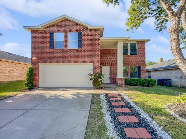 traditional-style home featuring a garage, a front lawn, concrete driveway, and brick siding