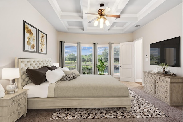 bedroom featuring light carpet, access to outside, coffered ceiling, ceiling fan, and beamed ceiling