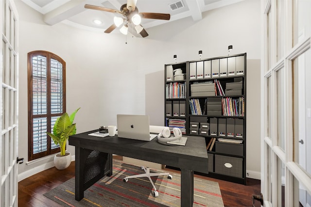 home office with dark hardwood / wood-style flooring, ceiling fan, french doors, and beamed ceiling