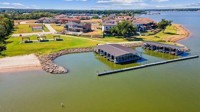 drone / aerial view with a water view