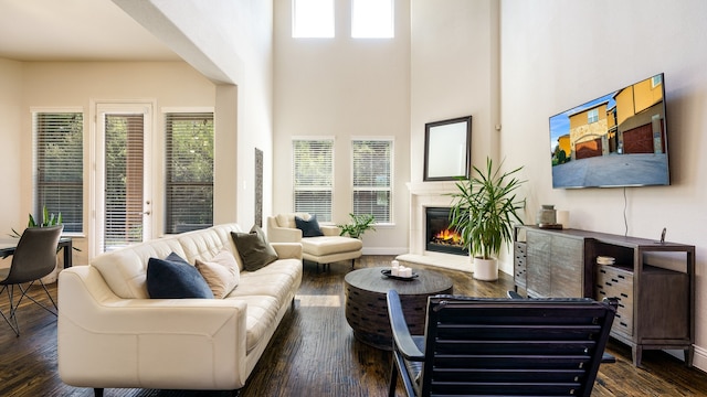 living room with dark hardwood / wood-style flooring, a wealth of natural light, and a high ceiling