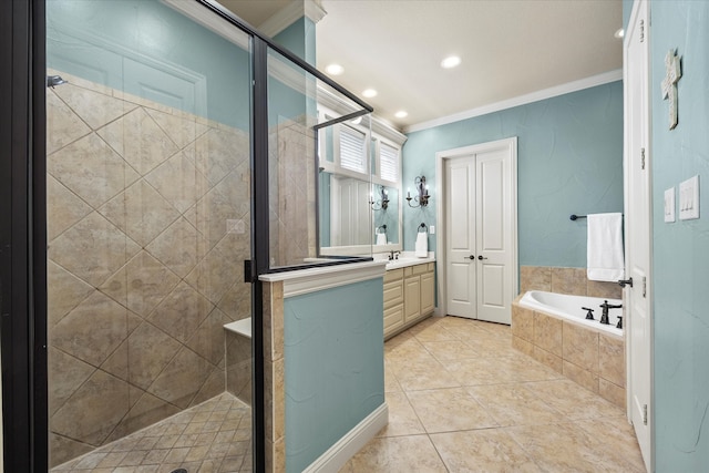 bathroom with crown molding, vanity, and independent shower and bath