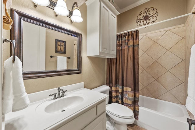 full bathroom with shower / bath combo, toilet, ornamental molding, and vanity